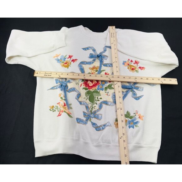 Vintage 80s Floral Bow Sweatshirt OSFA or XL Made In USA Blue Pink - Picture 3 of 6